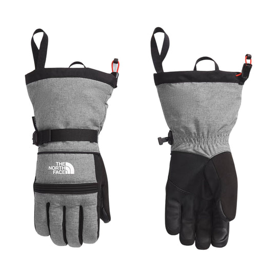Gray and black ski gloves with wrist straps and a The North Face logo on the palm side