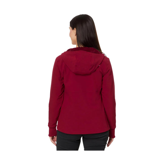 Red hooded jacket shown from the back on a model
