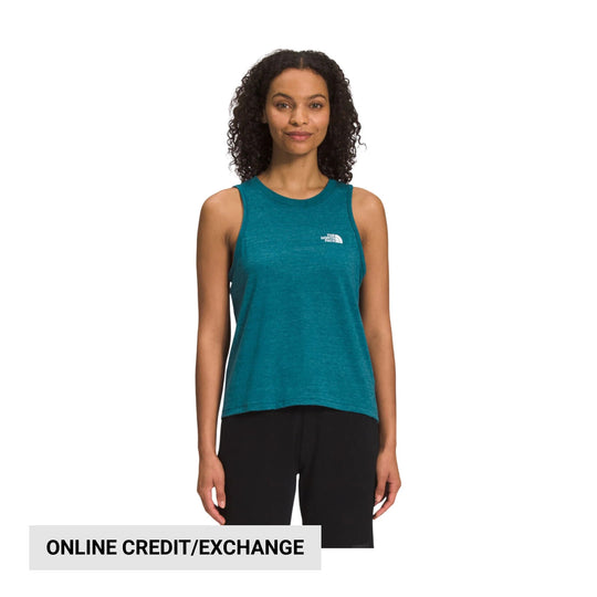 Teal sleeveless athletic tank top with a small chest logo
