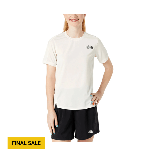 White short-sleeve athletic shirt with black logo on the chest, worn with black shorts
