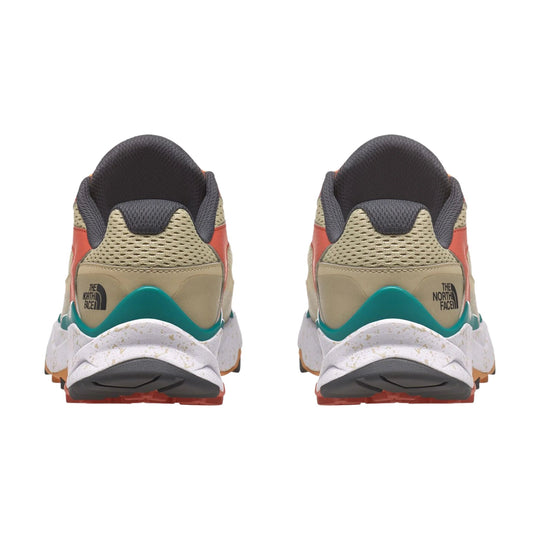 Pair of trail running shoes shown from the back, with mesh uppers, teal accents, and THE NORTH FACE branding