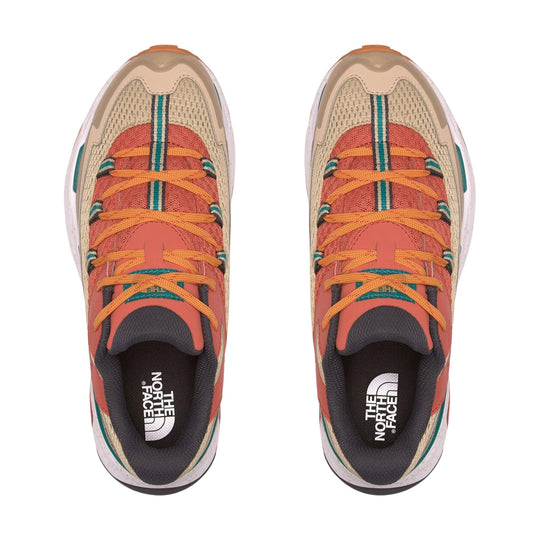 Top view of two multicolor hiking shoes with orange laces and The North Face branding on the insoles