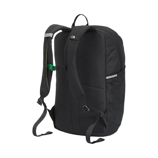 Black backpack with mesh side pocket, padded straps, and small reflective details
