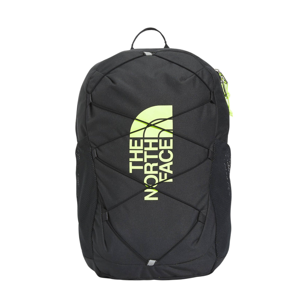 Black backpack with neon yellow THE NORTH FACE logo, front view