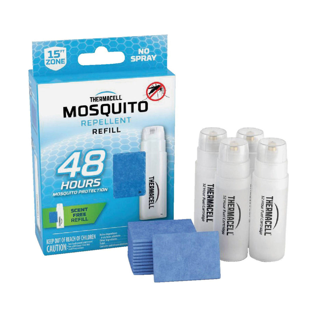 Mosquito repellent refill box with four white cartridges and blue pads, labeled 48 hours and no spray