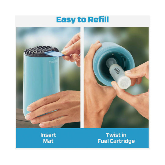 Refill kit shown in two steps: insert mat, then twist in fuel cartridge