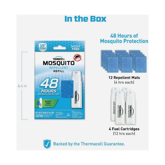 Mosquito repellent refill kit with 12 blue mats and 4 fuel cartridges