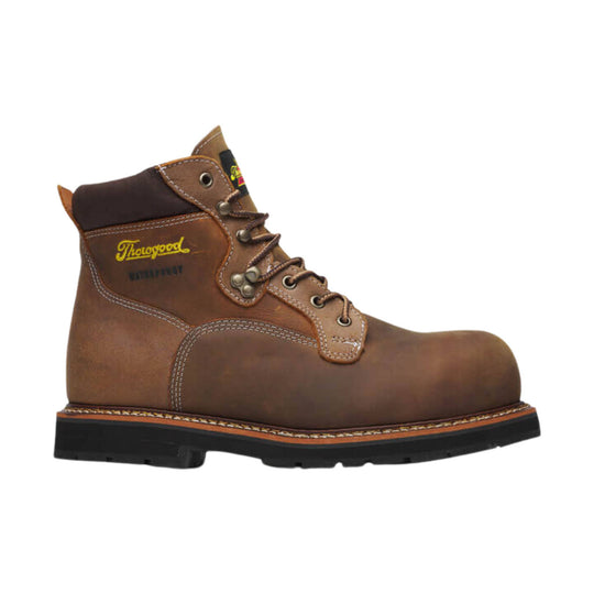 Brown leather work boot with black padded collar, metal eyelets, and lug sole