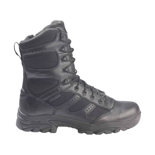Black lace-up work boot with side zipper, mesh panels, and rugged lug sole