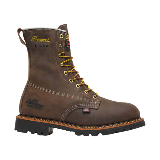 Brown lace-up waterproof work boot with yellow laces and a black lug sole