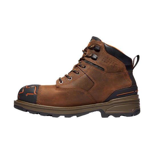 Brown leather work boot with black toe cap, orange accents, and rugged lug sole