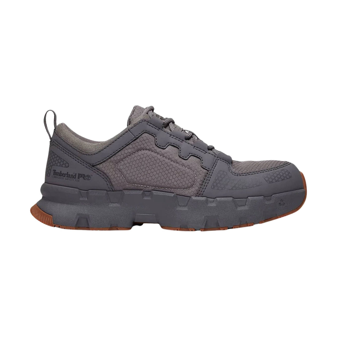 Gray low-top work shoe with composite safety toe, mesh panels, and thick lug sole