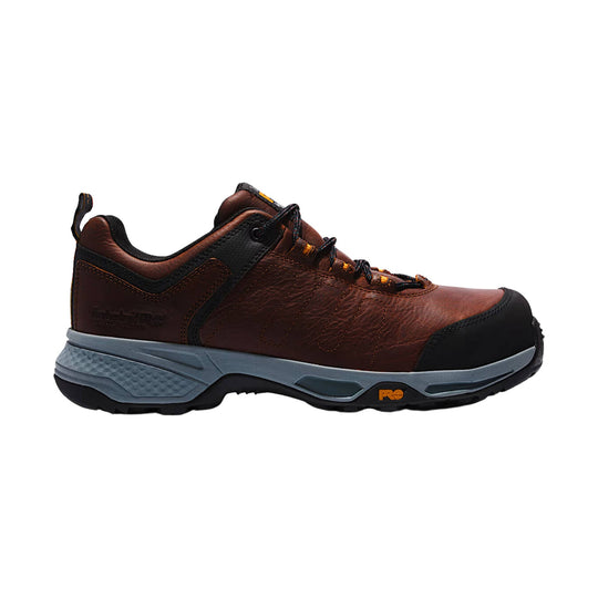 Brown and black low work shoe with a gray cushioned sole and lace-up front
