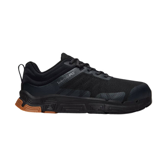 Black low-cut work shoe with laces and a brown outsole, shown in side profile