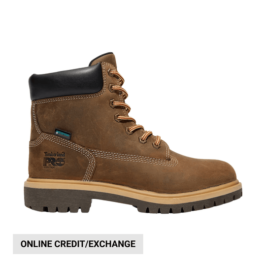 Brown leather work boot with black padded collar, tan laces, and thick lug sole