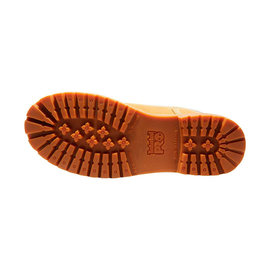 Tan work boot outsole with deep tread and Timberland PRO branding