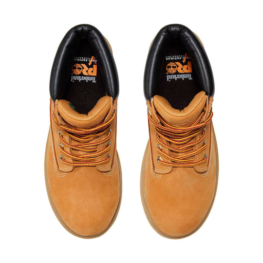 Pair of tan work boots with black padded collars, multicolor laces, and Timberland PRO insoles