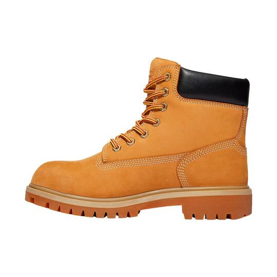 Tan lace-up work boot with black padded collar and lug sole, side profile