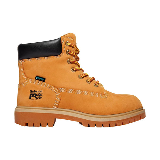 Tan lace-up work boot with black padded collar, steel toe marking, and thick lug sole