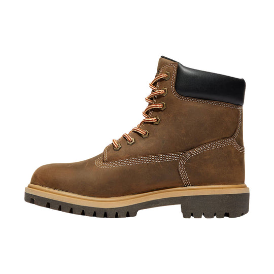 Brown lace-up work boot with black padded collar and thick lug sole, shown in side view