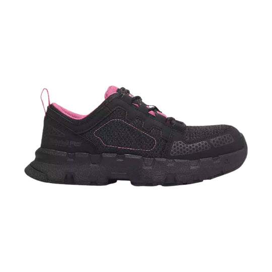 Black low-top work shoe with pink accents, side view