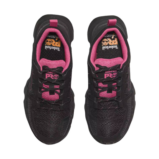 Black and pink low-top work shoes with mesh uppers and printed logo details, shown from above