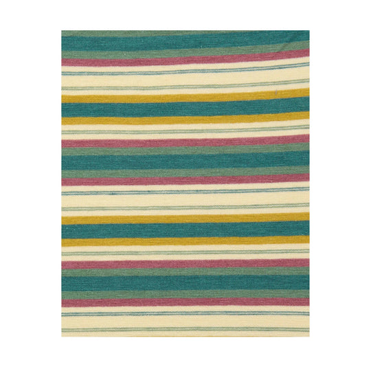 Multicolor striped knit fabric with teal, cream, pink, and mustard bands