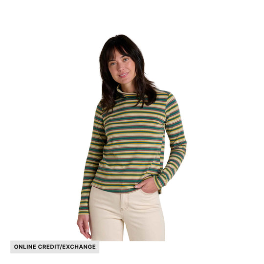 Striped long-sleeve t-neck top on a model with cream pants; "ONLINE CREDIT/EXCHANGE" text at bottom