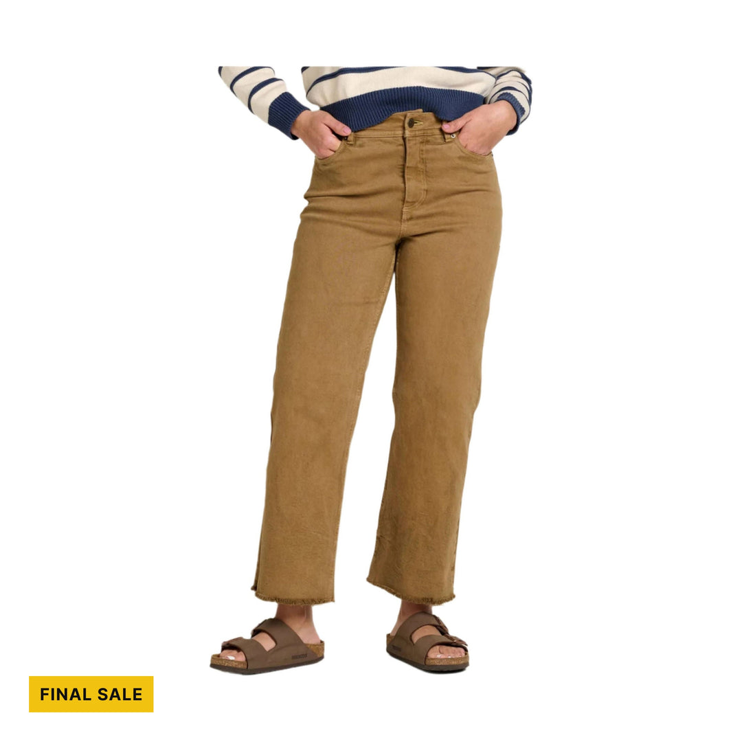 Brown high-waisted cropped pants with raw hems and front patch pockets, shown with a FINAL SALE label