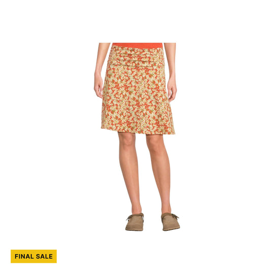 Floral wrap skirt with orange waistband and taupe clogs