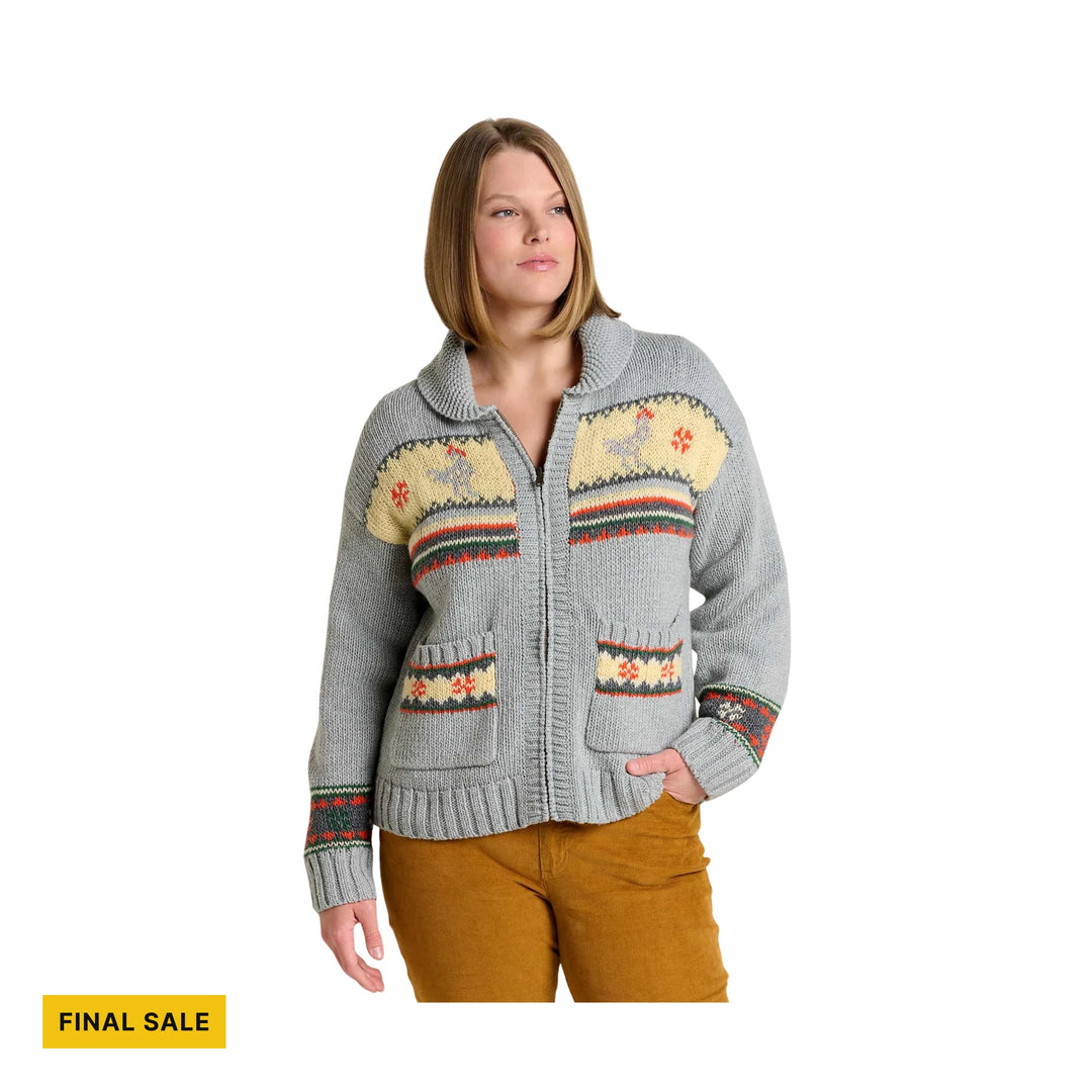 Gray zip-front knit cardigan with patterned yoke, pockets, and a yellow FINAL SALE tag