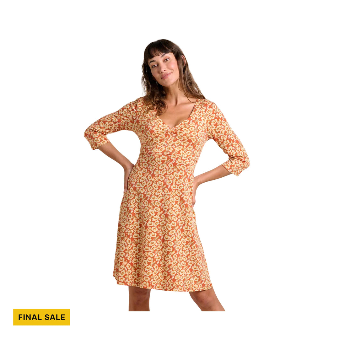 Orange patterned dress with three-quarter sleeves and V-neck, shown on a model with FINAL SALE label