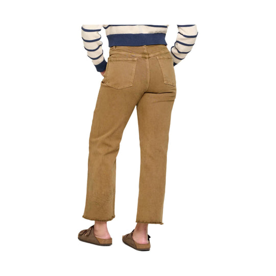 Back view of honey brown cropped straight-leg pants with patch pockets and raw hems