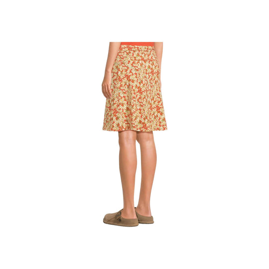 Orange knee-length floral skirt with cream daisy print
