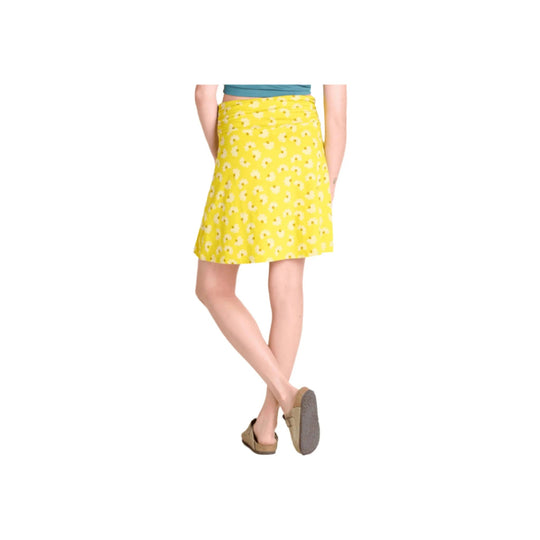 Yellow floral wrap skirt on a model
