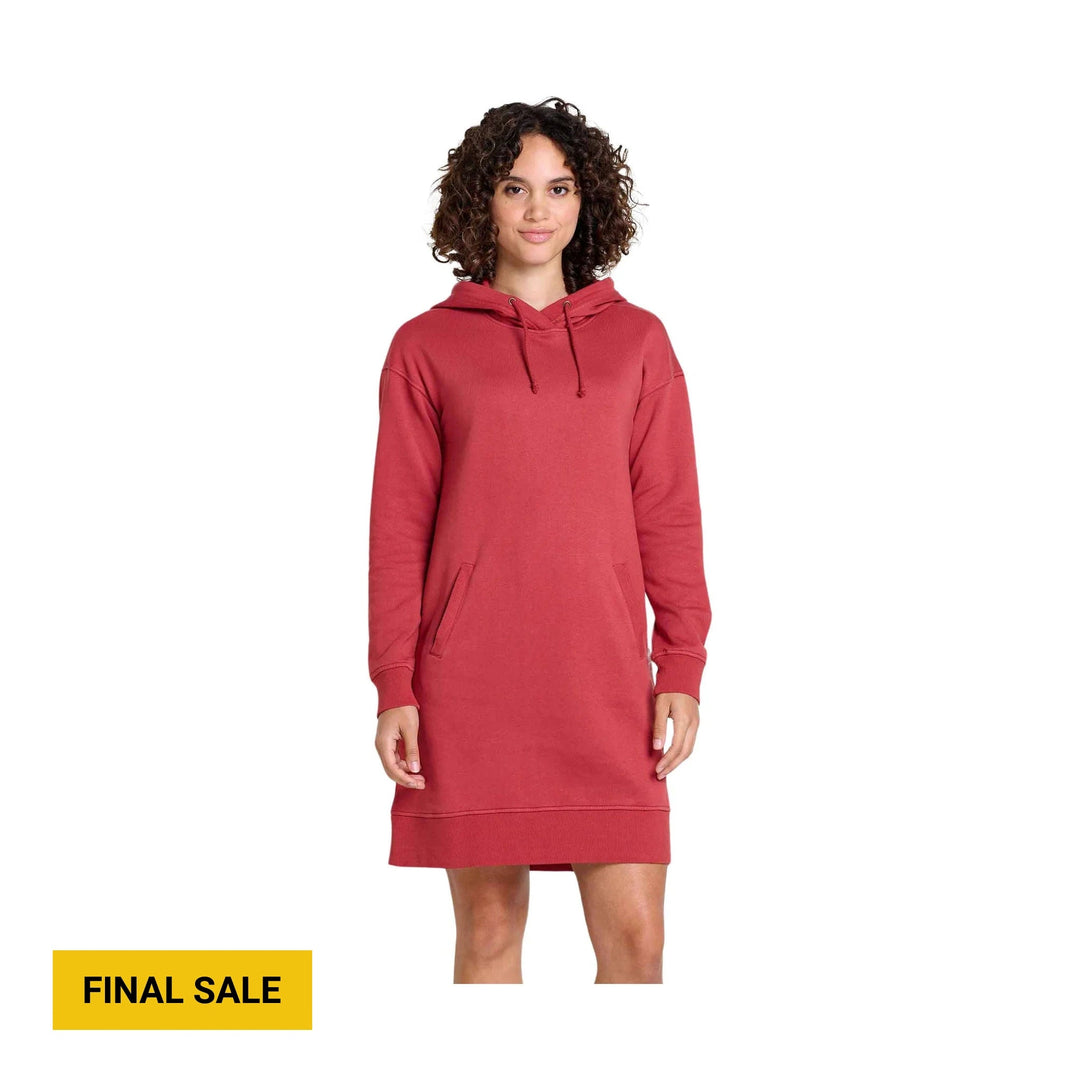 Red hooded sweatshirt dress with front pockets