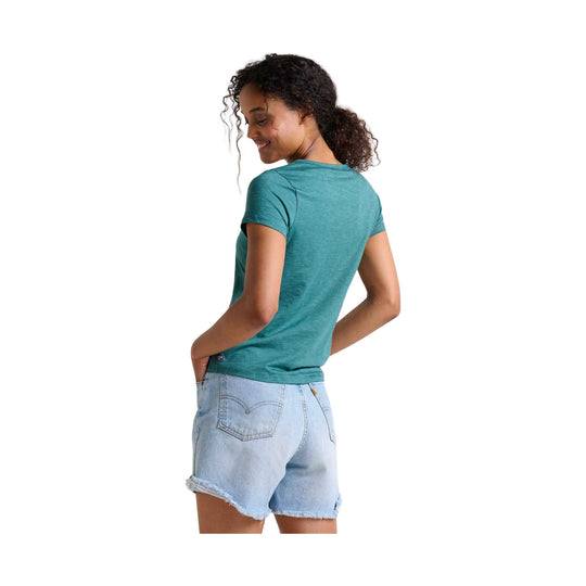 Teal short-sleeve T-shirt worn with light-wash denim shorts, shown from the back