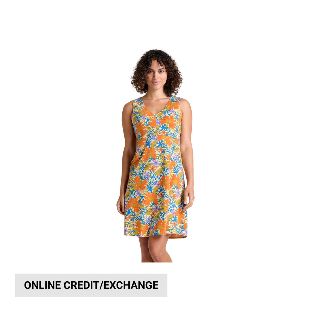 Sleeveless floral dress with V-neck and colorful orange, blue, and yellow print