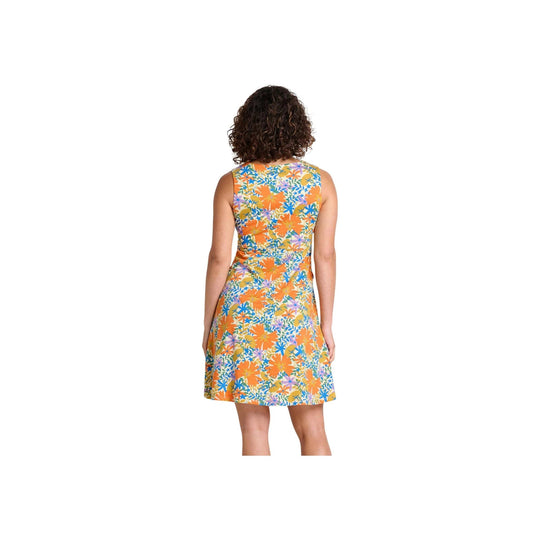 Sleeveless floral dress with a fitted waist and A-line skirt, shown from the back