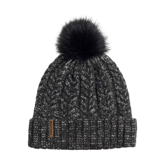 Black cable-knit beanie with a large pom-pom and folded cuff