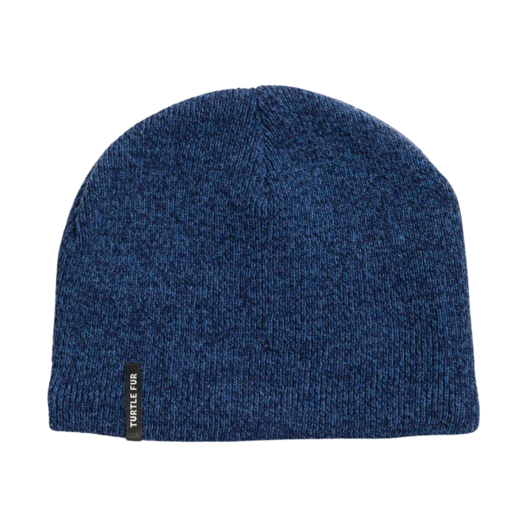 Blue knit beanie with a small side label