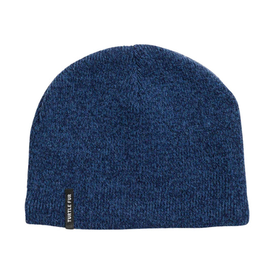 Blue knit beanie with a small side label