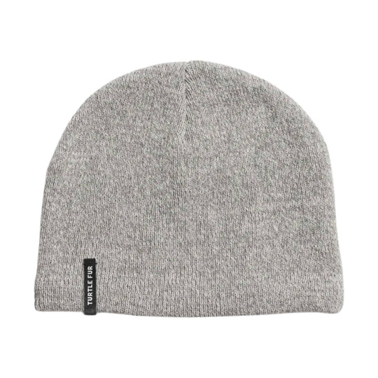 Light gray knit beanie with a small black side tag