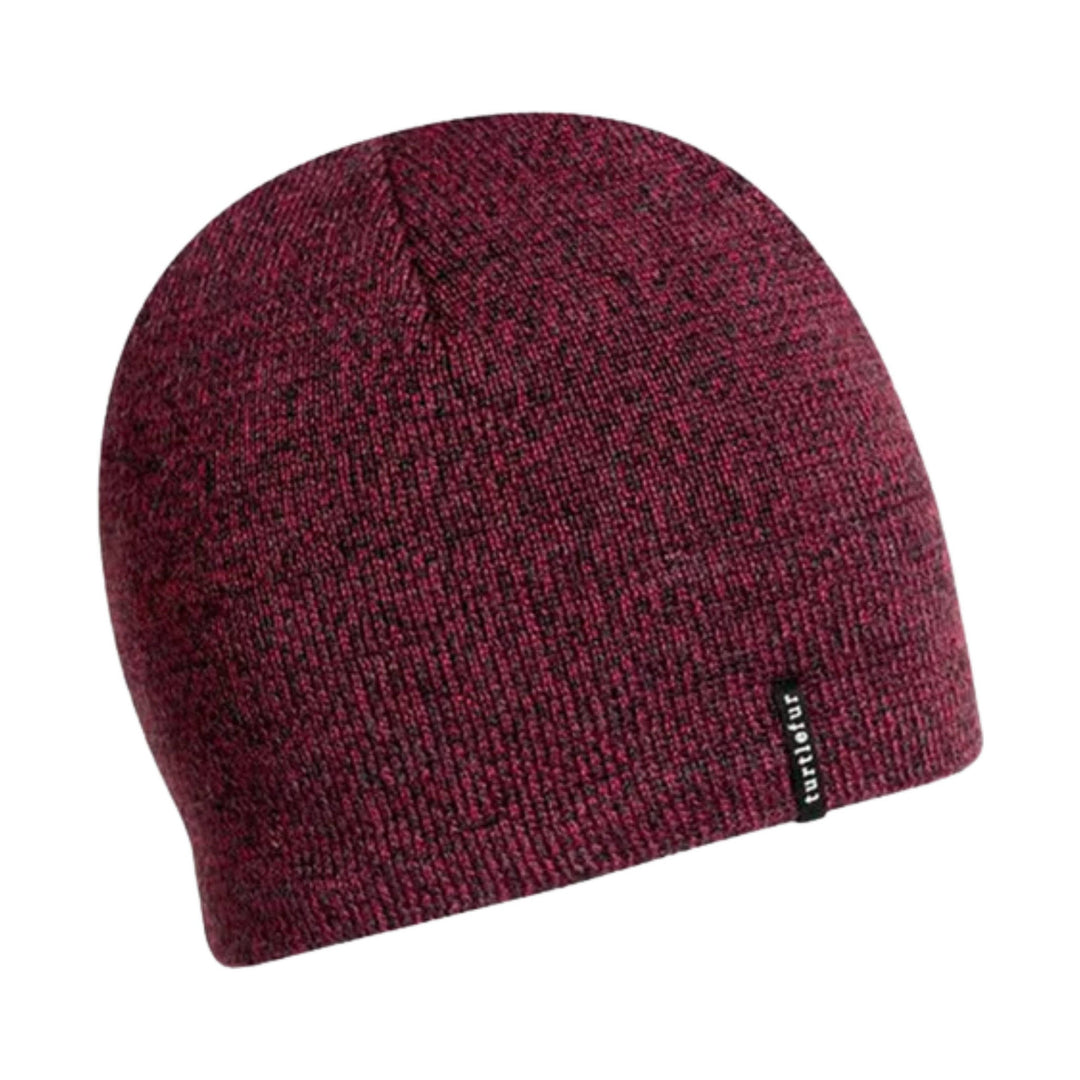 Maroon knit beanie with a small vertical black label near the hem