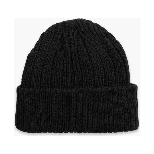 Black ribbed knit beanie with a folded cuff