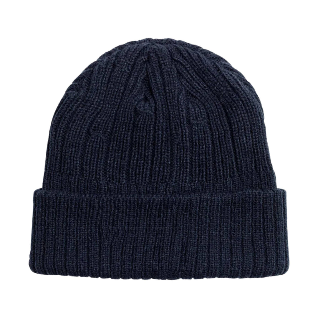 Navy ribbed knit beanie with rolled cuff