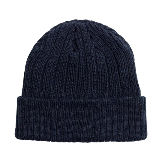Navy ribbed knit beanie with rolled cuff
