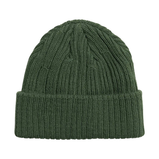 Dark green ribbed knit beanie with a folded cuff