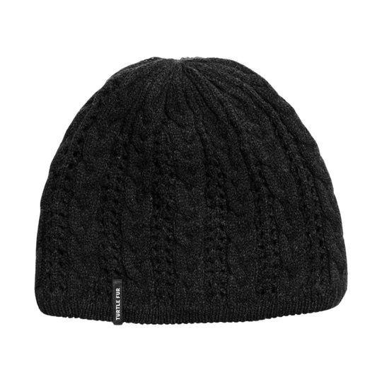 Black cable-knit beanie with a ribbed brim and small vertical logo tag