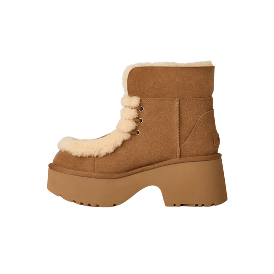 Chestnut suede lace-up winter boot with shearling trim and thick platform sole, side view